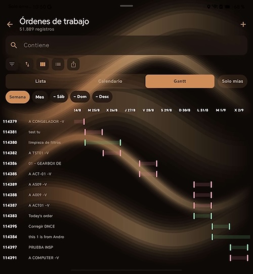 Vista en Gantt de las órdenes de trabajo